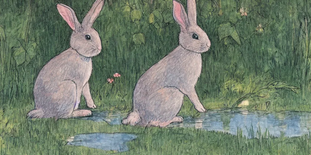 Prompt: a rabbit sitting by a pond, in the style of carl larsson