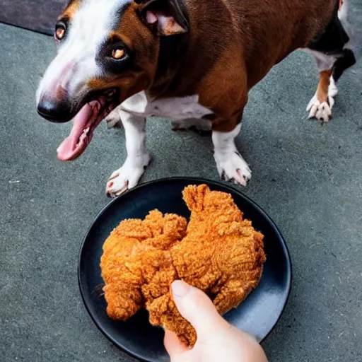 Prompt: a dog that is eating fried chicken