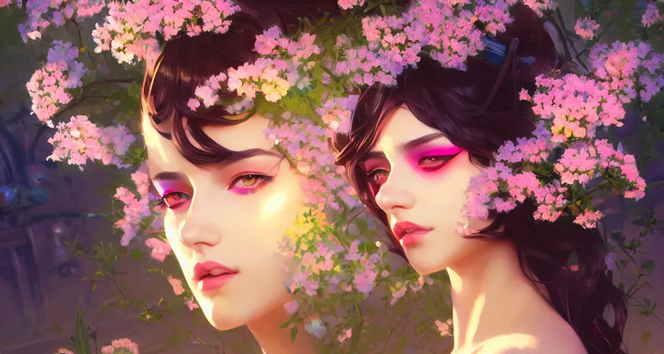 Prompt: a girl with makeup, cosmetics, face paint, clothed in flowers behind a steampunk city, night setting. realistic shaded lighting poster by ilya kuvshinov katsuhiro, magali villeneuve, artgerm, jeremy lipkin and michael garmash, rob rey and kentaro miura style, trending on art station