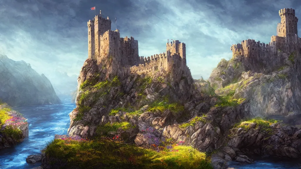 Prompt: Casterly Rock, Medieval Castle sitting on a very tall mountain, Game of Thrones, Morning atmosphere, Flowers and River, volumetric lighting, fantasy artwork, very beautiful scenery, very realistic painting effect, hd, hdr, cinematic 4k wallpaper, 8k, ultra detailed, high resolution, artstation, in the style of Marc Simonetti