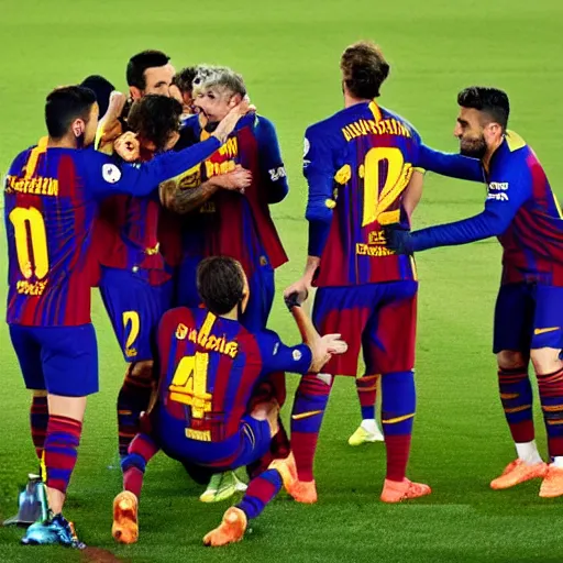 Prompt: fc barcelona team raising a lever as a trophy