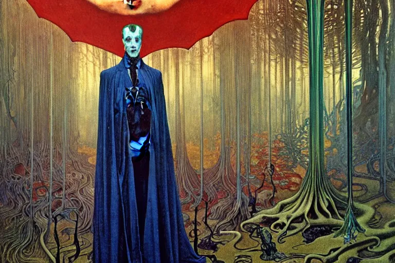 Image similar to realistic extremely detailed portrait painting of an elegantly creepy vampire man in a cape, futuristic sci-fi forest on background by Jean Delville, Amano, Yves Tanguy, Alphonse Mucha, Ernst Haeckel, Edward Robert Hughes, Roger Dean, rich moody colours, blue eyes