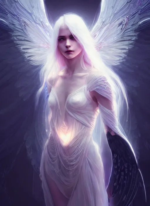 Image similar to a beautiful white haired angel with delicate wings, intricate concept art, ethereal, ominous, mysterious, enchanted, magic, dramatic lighting, illuminated lines, outrun, vaporware, illuminated runes, cyberpunk darksynth, dark background, 8 k, by ruan jia and krenz cushart and alphonse mucha