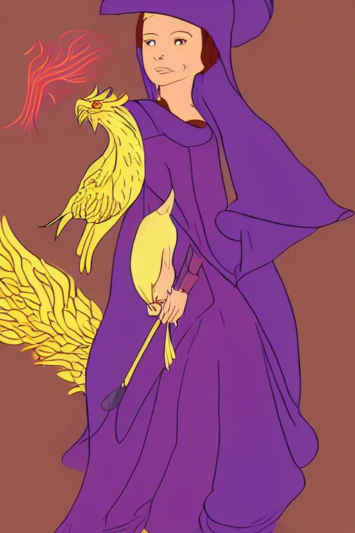 Prompt: Young beautiful short woman in purple witch robes and pointy hat with a small pet phoenix on her shoulder, full body shot, cell shading