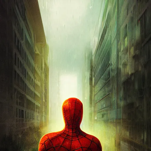 Prompt: moody atmospheric render of an orange and green spiderman by leon tukker