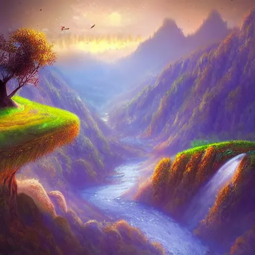 Prompt: a beautiful photorealistic picture of a valley from a fantasy world, inside which are beautiful caramel and marshmallow houses, mushrooms grow, fictitious birds fly, everything is permeated with a special radiance and beauty, magnificent trees grow in the valley and mighty mountains in the background