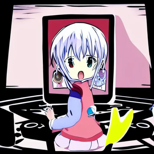 Image similar to an anime girl with white hair, polar bear ears, and an open, black coat playing a video game. drawn in an anime art style