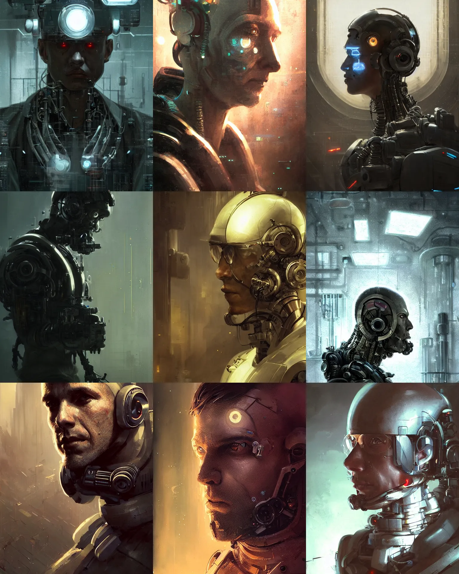 Image similar to a laboratory technician man with cybernetic enhancements seen from a distance, scifi character portrait by greg rutkowski, craig mullins, 1 / 4 headshot, cinematic lighting, dystopian scifi outfit, profile picture, mechanical, cyborg, half robot