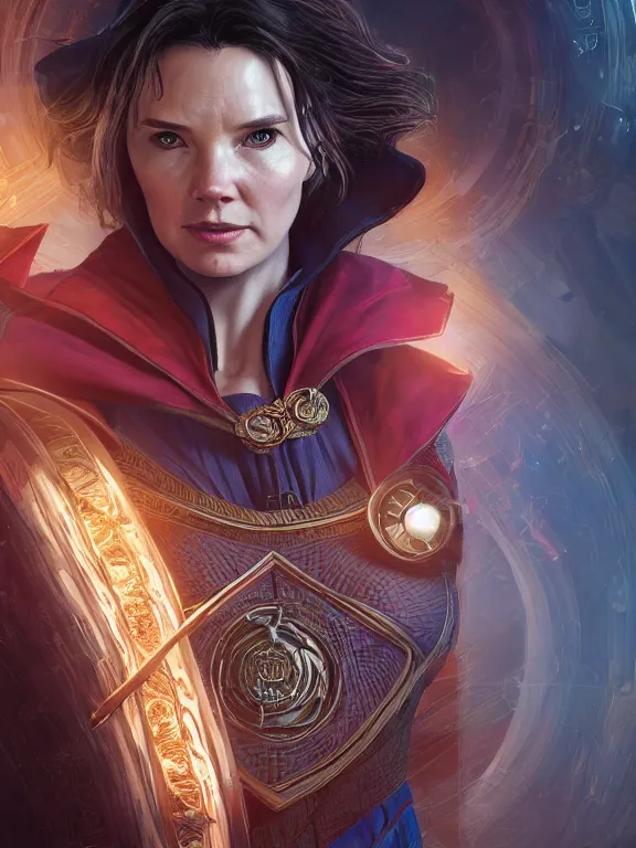 Image similar to female doctor strange, au naturel, hyper detailed, digital art, trending in artstation, cinematic lighting, studio quality, smooth render, unreal engine 5 rendered, octane rendered, art style by klimt and nixeu and ian sprigger and wlop and krenz cushart