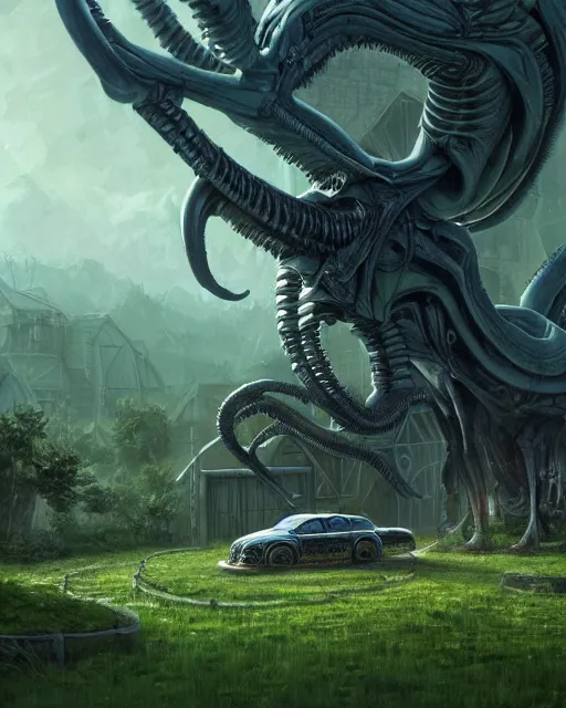 Image similar to xenomorph taxi car in a fantasy village, calming, uplifting mood, ultra realistic, farm, small buildings, highly detailed, atmosphere, masterpiece, epic lighting, elves, green plants, magic, illuminated, 4 k, cinematic, morning sun, art by eddie mendoza and sylvain sarrailh and jonathan berube