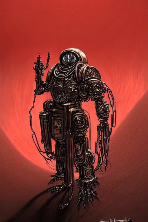 Prompt: painting of chicken and cloaked tech priest hybrid, adeptus mechanicus!!!, cybernetic enhancements attached to his body, praise the omnissaiah, zdzislaw beksinski, lewis jones, mattias adolfsson, warhammer 4 0 k!!, cold hue's, warm tone gradient background, concept art, digital painting
