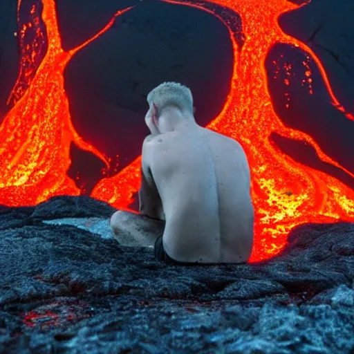 Image similar to back of a man submerged in flowing lava on a volcano with magma eruptions