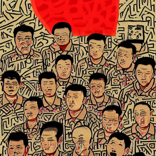 Prompt: chinese men in a prison, heart kidney lungs, in the style of daniel johnston and outsider art, 4k, overlaid with chinese text