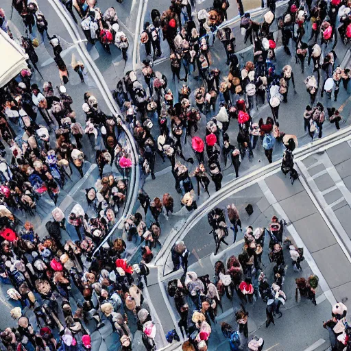 Prompt: aerial view of people walking through pedestrian, directly above