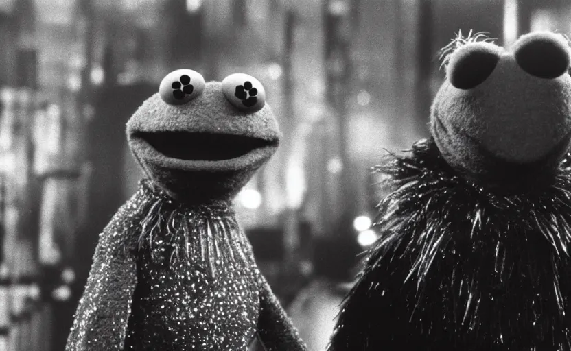 Prompt: a still of muppets in blade runner ( 1 9 8 2 ). highly detailed felt. hyper real photo. 4 k.