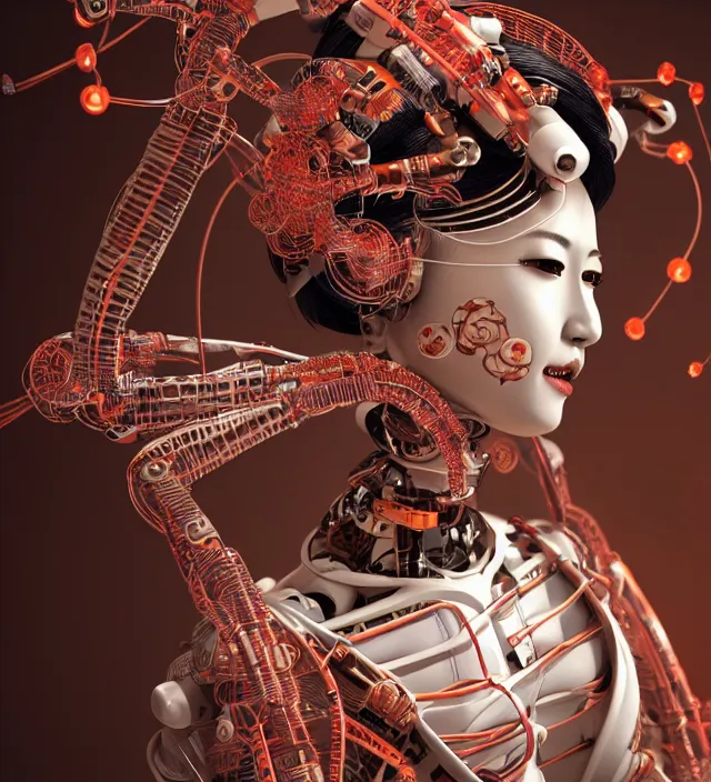 Prompt: full body portrait of a beautiful japanese robotic geisha with wires and actuators and kanji tattoos and decals, dramatic lighting, hyper - realistic, ultra - realistic, intricate details, japanese model, 8 k ultra high definition, octane render