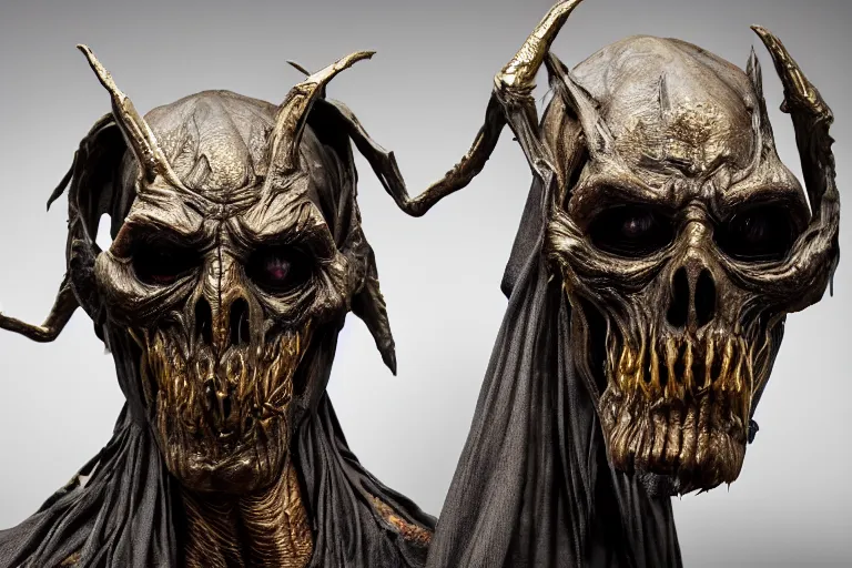 Image similar to photo taken of an epic intricate, ultra detailed, super realistic sculpture of a nightmarish hellish demonic hooded grim reaper animatronic on display in a workshop, created by weta workshop, zoomed in shots, photorealistic, sharp focus, f 0. 4, face centred, macro photography, golden ratio, golden hour