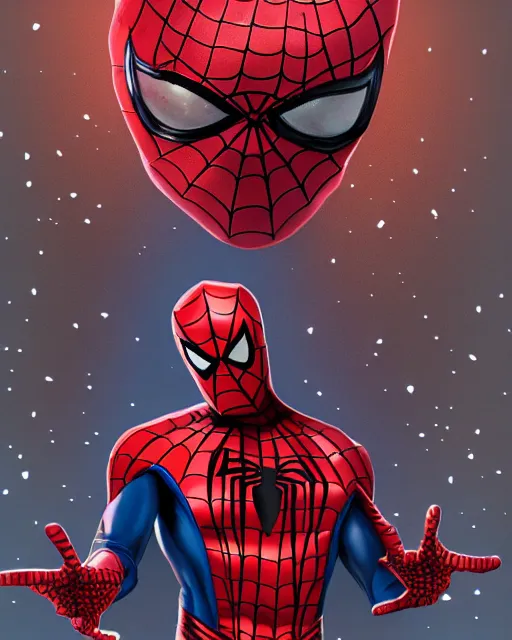 Image similar to spiderman in a christmas style spider suit, 8 k photo, portrait, dynamic lighting, fantasy concept art, trending on art station, stunning visuals, creative, cinematic, ultra detailed, comic strip style