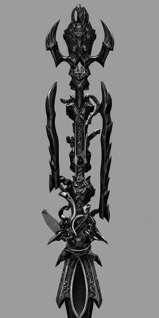 Image similar to a black and silver sword skull crest, ornament, weapon, a 3 d render by dom qwek, front side, concept art, trending on polycount, artstation, hard surface modeling, zbrush, hd, blizzard, symmetry