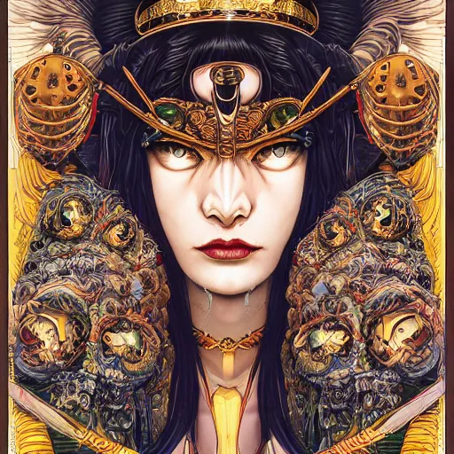 Image similar to portrait of crazy cleopatra, symmetrical, by yoichi hatakenaka, masamune shirow, josan gonzales and dan mumford, ayami kojima, takato yamamoto, barclay shaw, karol bak, yukito kishiro