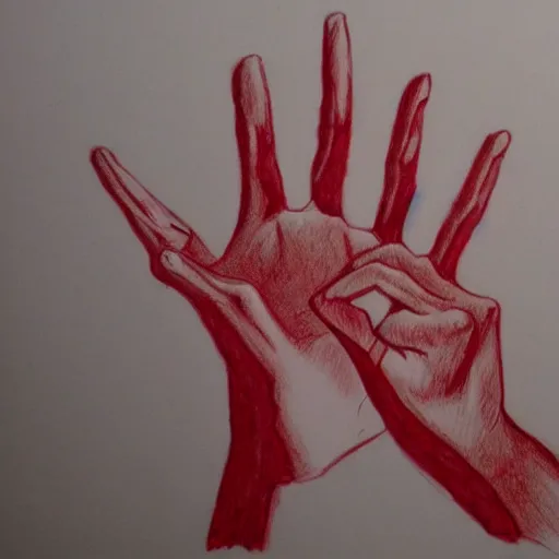 Prompt: drawing of a ten finger hand, drawn with blood on paper