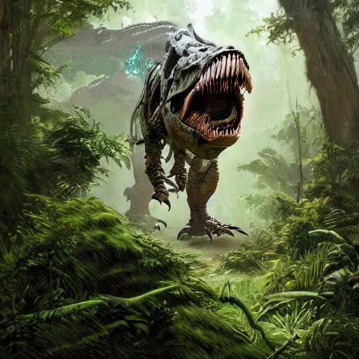 Prompt: A part cyborg part dinosaur hybrid of a T-Rex strolling along a lush green forest from the playstation 5 game Horizon Zero Dawn world, half cyborg T-Rex, sci-fi concept art, highly detailed, oil on canvas by James Gurney