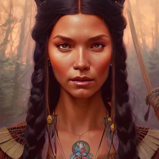 Image similar to Pocahontas, D&D, fantasy, intricate, elegant, highly detailed, digital painting, artstation, concept art, matte, sharp focus, illustration, art by Artgerm and Greg Rutkowski and Alphonse Mucha