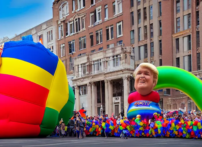 Image similar to pride parade float in the shape of donald trump ; photorealistic, canon 5 d, sharp, sunlight, reflection, inflatable, rainbow