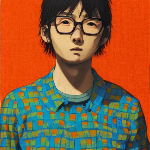 Image similar to a colorful portait of a 2 4 years old man with an orange sweetshirt made by inio asano, detailed