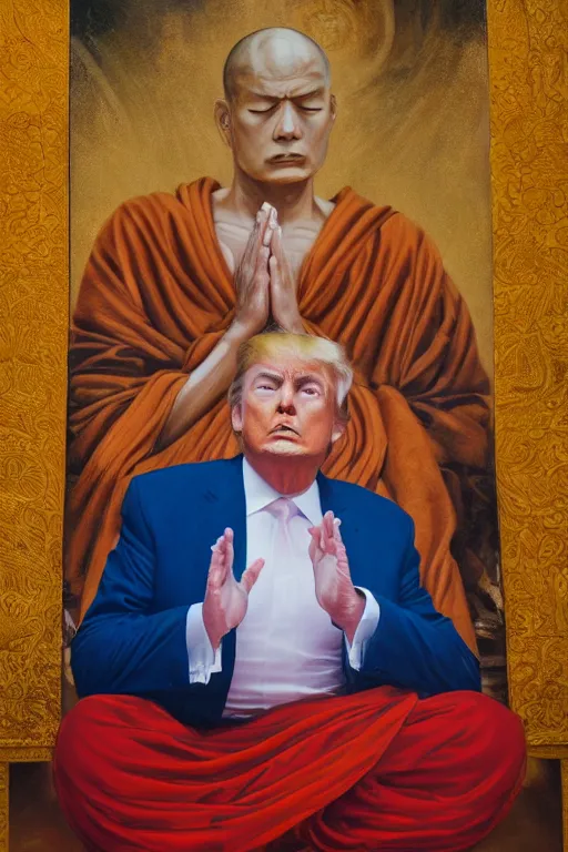 Image similar to Donald Trump meditating in a Buddhist Temple, oil on canvas, intricate, portrait, 8k highly professionally detailed, HDR, CGsociety