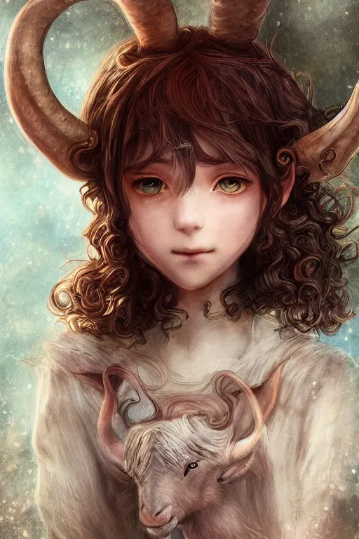 Image similar to a young elf, with goat horns and animal ears and curly brown hair, ultra detail, studio ghibli aesthetic, yoshitaka amano style, pastel colors,, hyperrealism, award winning artwork, realistic hair, artstation trend, high quality print, fine art with subtle redshift rendering,