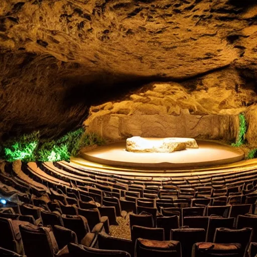 Image similar to a cave with an amphi theatre inside, stone seats, center stage with tiki torches light
