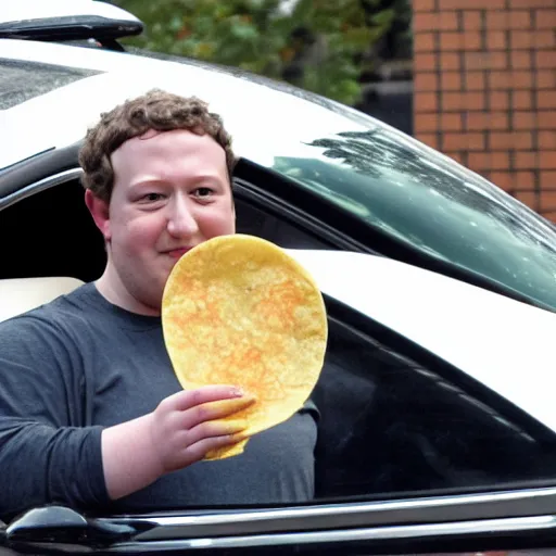 Prompt: fat mark zuckerberg sitting in a car eating tacos