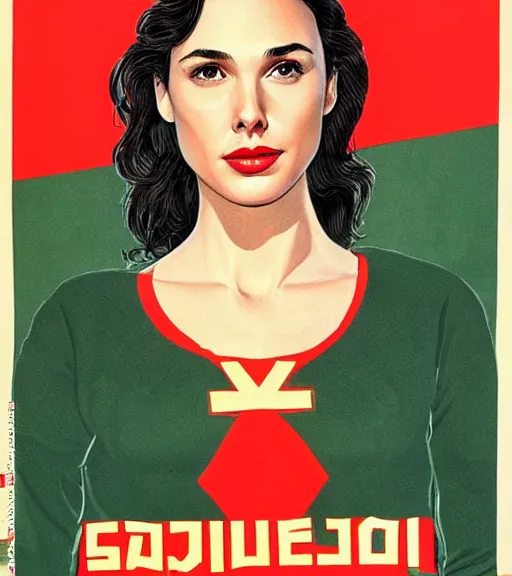 Prompt: Gal gadot posting for a Soviet Line of clothing in a Soviet propaganda realistic poster