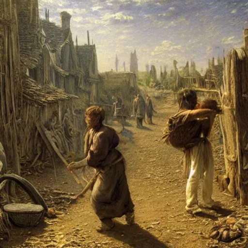 Image similar to jean francois millet as slum neighborhood on lord of the ring, random content position, ultra realistic human face details with emotion, ultra realistic environment contents detail, incrinate, delete duplicated content, rgb color