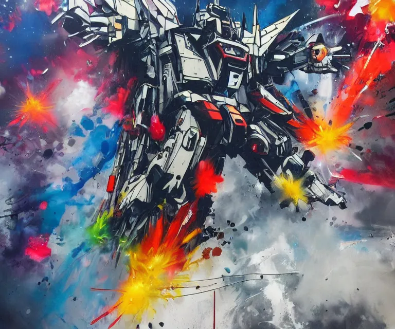 Prompt: acrylic and spraypaint action portrait of giant origami mecha gundam battling in space, explosions, graffiti wildstyle, large brush strokes, painting, paint drips, acrylic, clear shapes, spraypaint, smeared flowers, large triangular shapes, painting by totem 2, jeremy mann, masterpiece