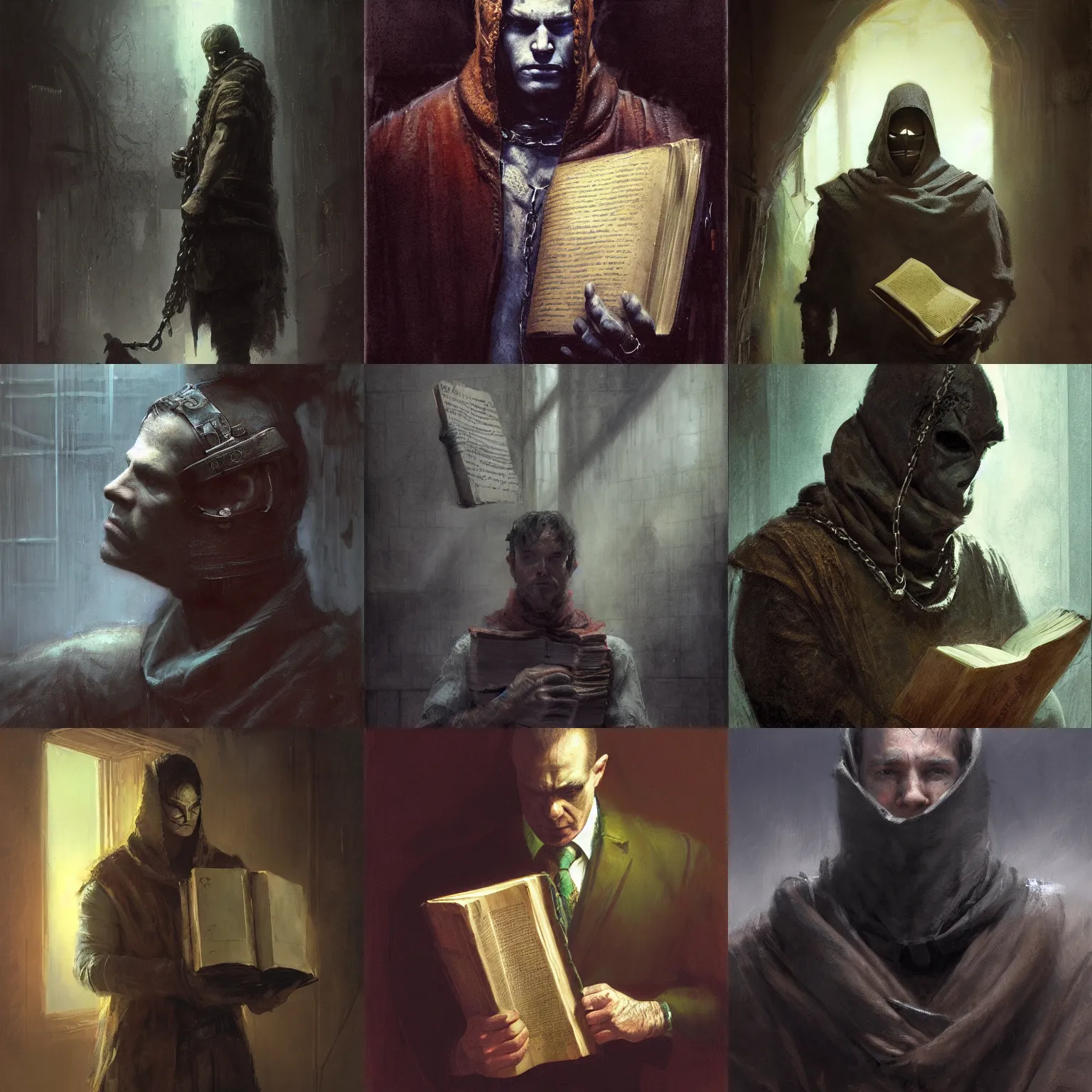 Prompt: portrait of man wearing a closed cowl, big old book chained to the wrist, by jeremy mann, by marc simonetti and gerald brom, by jeff easley, face in the shadows, mysterious atmosphere, high detailed, 8 k