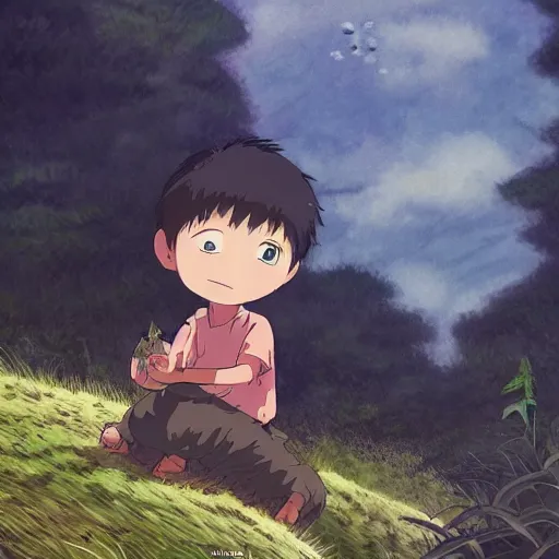 Image similar to friendly guy and small creature , with Fragile looking character portrait face made by Studio Ghibli highly detailed art, beautiful scene, sharp focus, smooth, 8k, anime art, wild, dark, fantasy, peaceful