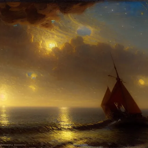 Prompt: point of view of botom of the ocean looking up, see fishes, the milk way, night time, midnight, no sunlight. highly detailed painting by gaston bussiere, greg rutkowski 8 k