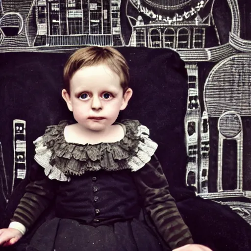 Image similar to a photo of young sad victorian gothic child with big eyes and wide grin sitting on a sofa of bones surrounded by a cyber futuristic cityscape made of human body parts, lighting, 5 0 mm, perfect faces