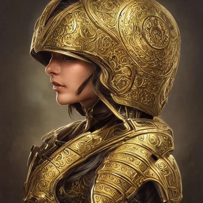 Image similar to a portrait of an attractive young female, ornate metallic helmet, clothed in battle armor, olive skin, long dark hair, beautiful bone structure, symmetrical facial features, intricate, elegant, highly detailed, digital painting, trending on Artstation, concept art, smooth, sharp focus, illustration, in the style of artgerm and greg rutkowski and alphonse mucha