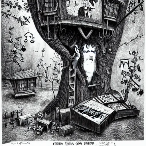 Image similar to old man white beard playing a synthesizer in a tree house, notes and clefs listening , lowbrow surrealistic, in the style of Mark Ryden,