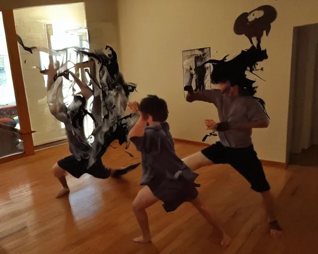 Prompt: transparent horror spirit attacks in living room interior photos shot on iphone, dynamic fight pose, full body shot, sharp focus, grainy, corpse, paranormal flashlight,