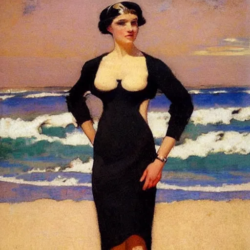 Image similar to woman on the beach, black dress, part leyendecker style, part dean cornwell style
