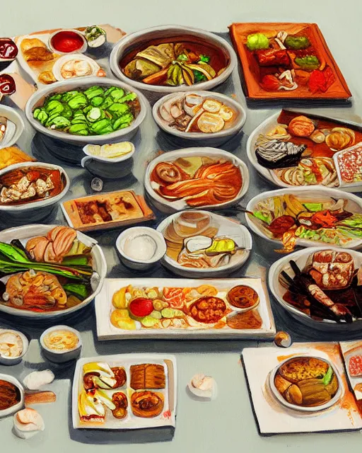 Image similar to a painting of a table full of japanese foods, concept art by taro yamamoto, pixiv contest winner, auto - destructive art, official art, concept art, pixiv