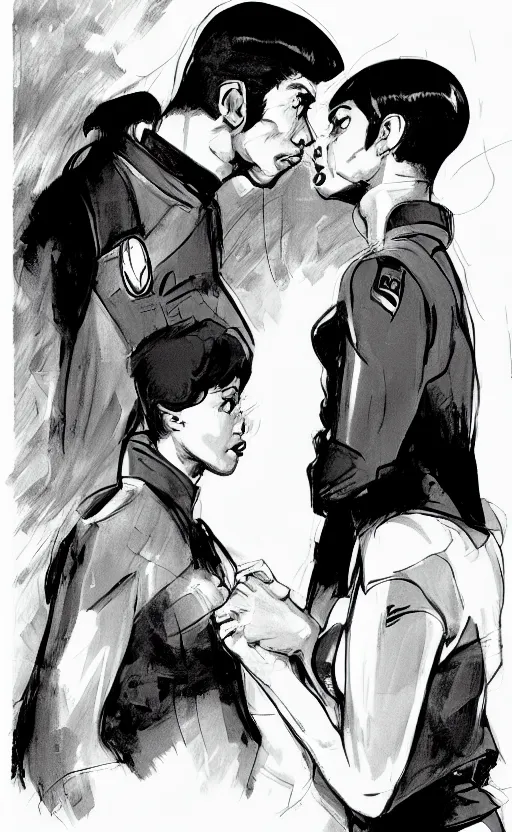 Image similar to Uhura and Spock caught about to kiss, surprise, cute, innocent, soft lighting, standing in a starbase bar, In style of Yoji Shinkawa and Hyung-tae Kim, concept art, highly detailed