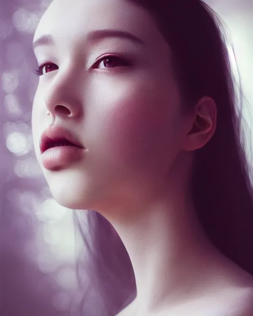 Prompt: photo half body portrait of very beautiful woman, realism, extreme detail, real life skin, key art, soft light, volumetric light, 3 - d shadows, photo by wlop and artgerm, photoshoot
