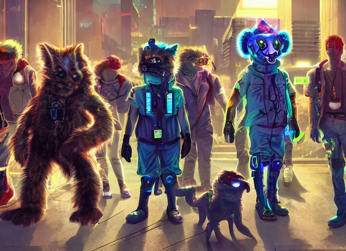 Image similar to high - resolution photograph from a cyberpunk era furry fandom convention ( midwest furfest 2 0 4 7 ), taking place after the genetic revolution and quantum singularity. photorealistic.