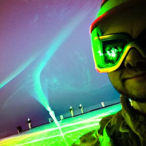 Prompt: accidental selfie taken by a gaseous colorful aura with a helicopter which is targeted with over 1,000 green lasers, blinding the immaterial pilot. The windows are condensated, dripping water forms paths of heart shapes.