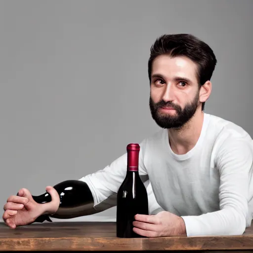 Prompt: portrait of a 3 0 years old frenchman in 2 0 2 0 seated at a table with a bottle of wine. award winning photography, 5 0 mm, studio lighting.